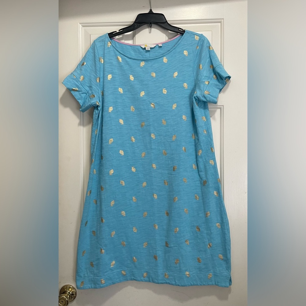 Women’s Boden Darcey T-Shirt Dress Blue with Gold Lemons size 12P